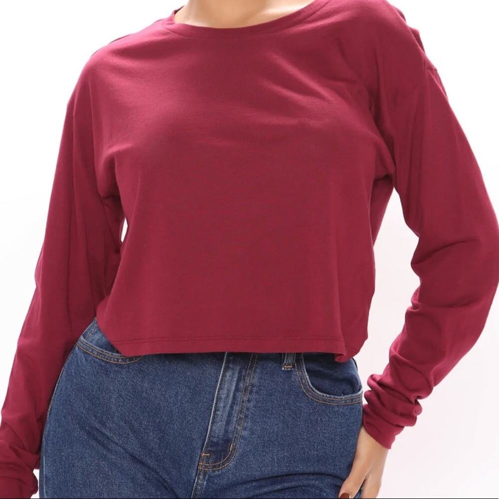 FASHION NOVA Wine Cropped Long Sleeve Tee Size M NWT